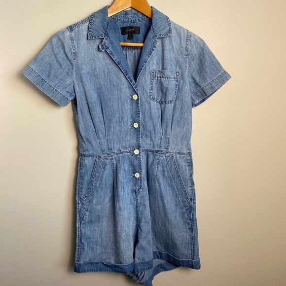 J. Crew Women's Denim Collared Romper Short Sleeve‎ Size 0 Button Up Front - Picture 1 of 16
